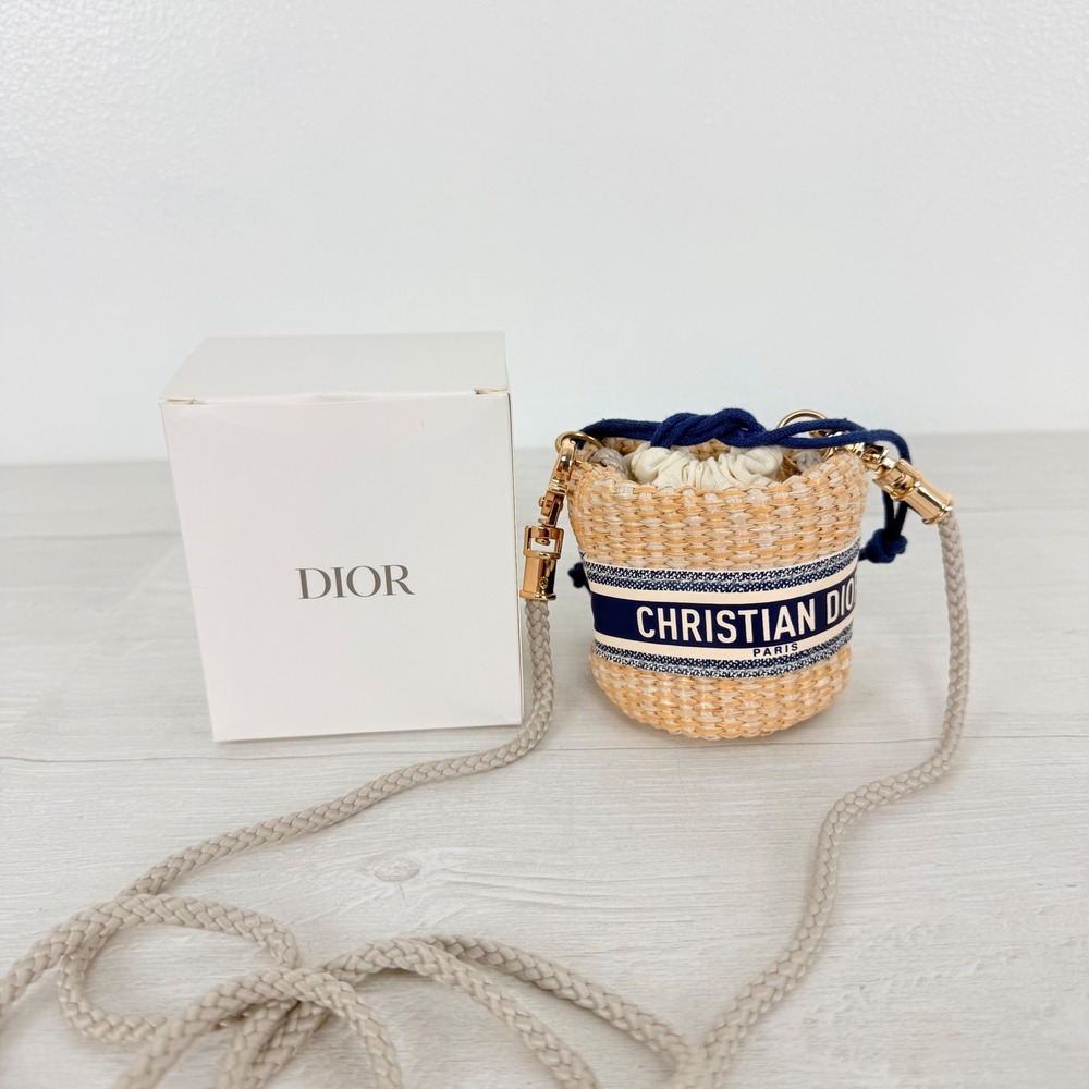 Christian Dior Micro Bucket Bag Trousse Pouch Straw Crossbody Novelty w/ BOX